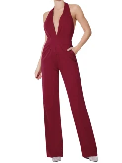 Best Retro Stage 1970s Halter Deep V-Neck Pockets Jumpsuit Wine Red