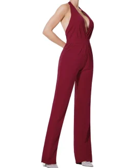 Best Retro Stage 1970s Halter Deep V-Neck Pockets Jumpsuit Wine Red