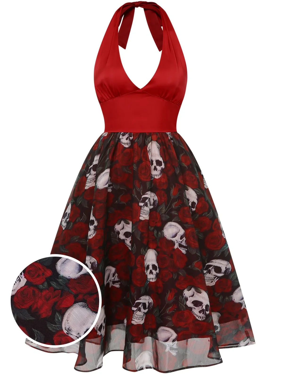 Fashion Retro Stage 1950s Halter Haloween Roses Skeleton Mesh Dress Wine Red