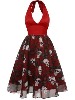 Fashion Retro Stage 1950s Halter Haloween Roses Skeleton Mesh Dress Wine Red