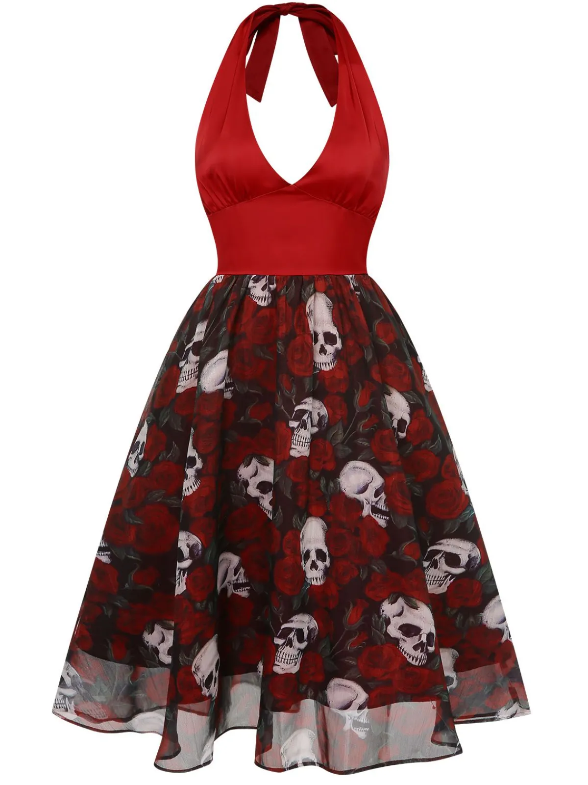 Fashion Retro Stage 1950s Halter Haloween Roses Skeleton Mesh Dress Wine Red