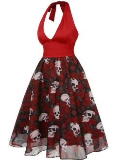 Fashion Retro Stage 1950s Halter Haloween Roses Skeleton Mesh Dress Wine Red