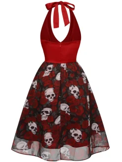 Fashion Retro Stage 1950s Halter Haloween Roses Skeleton Mesh Dress Wine Red