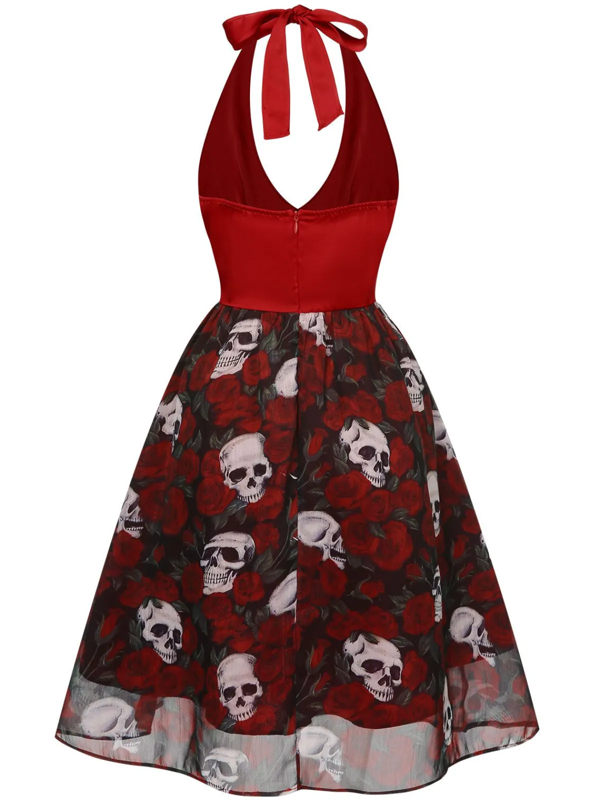 Fashion Retro Stage 1950s Halter Haloween Roses Skeleton Mesh Dress Wine Red