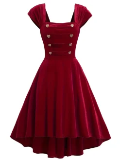 Discount Retro Stage 1950s Heart Button Solid Dress Wine Red