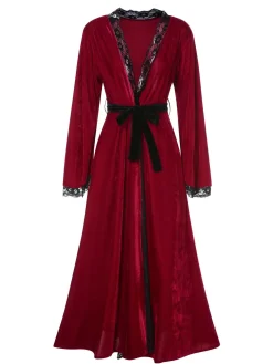 Hot Retro Stage Wine Red 1950s Lace Patchwork Night Robe