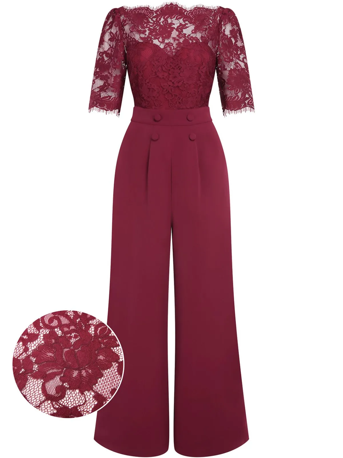 Hot Retro Stage 1930s Lace Patchwork Jumpsuit Wine Red