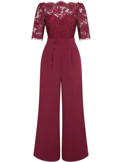 Hot Retro Stage 1930s Lace Patchwork Jumpsuit Wine Red