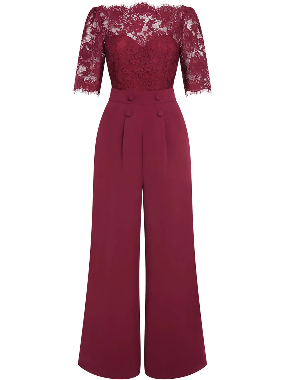 Hot Retro Stage 1930s Lace Patchwork Jumpsuit Wine Red
