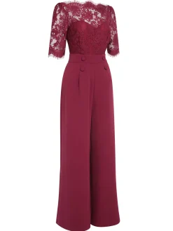 Hot Retro Stage 1930s Lace Patchwork Jumpsuit Wine Red