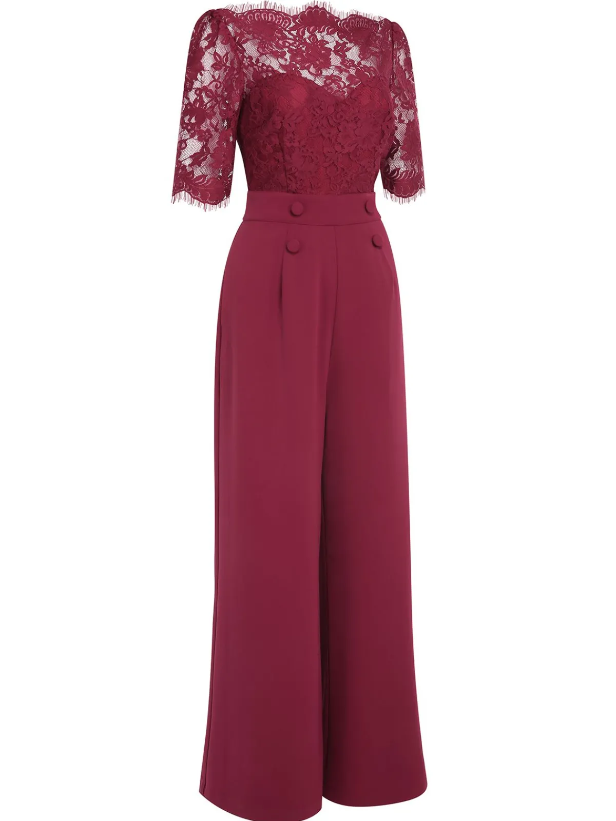 Hot Retro Stage 1930s Lace Patchwork Jumpsuit Wine Red