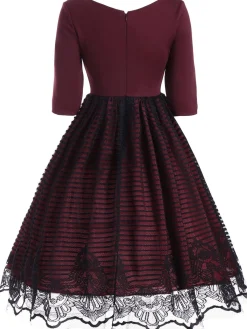 Clearance Retro Stage 1950s Lace Patchwork Dress Wine Red