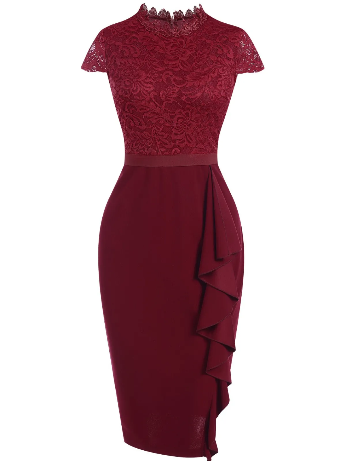 Clearance Retro Stage 1960s Lace Patchwork Pencil Dress Wine Red