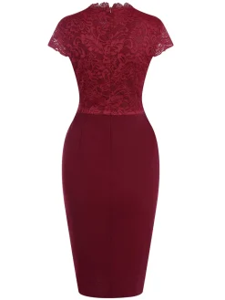 Clearance Retro Stage 1960s Lace Patchwork Pencil Dress Wine Red
