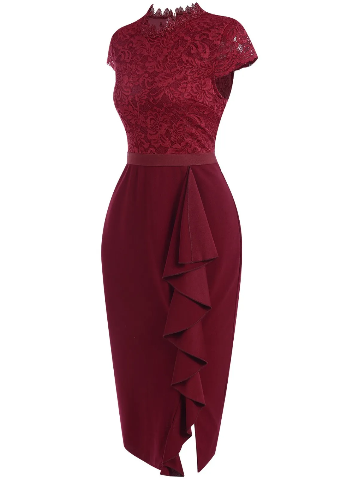 Clearance Retro Stage 1960s Lace Patchwork Pencil Dress Wine Red