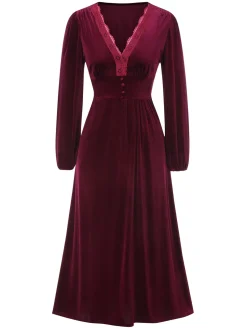 New Retro Stage 1940s Lace Trim Velvet Dress Wine Red