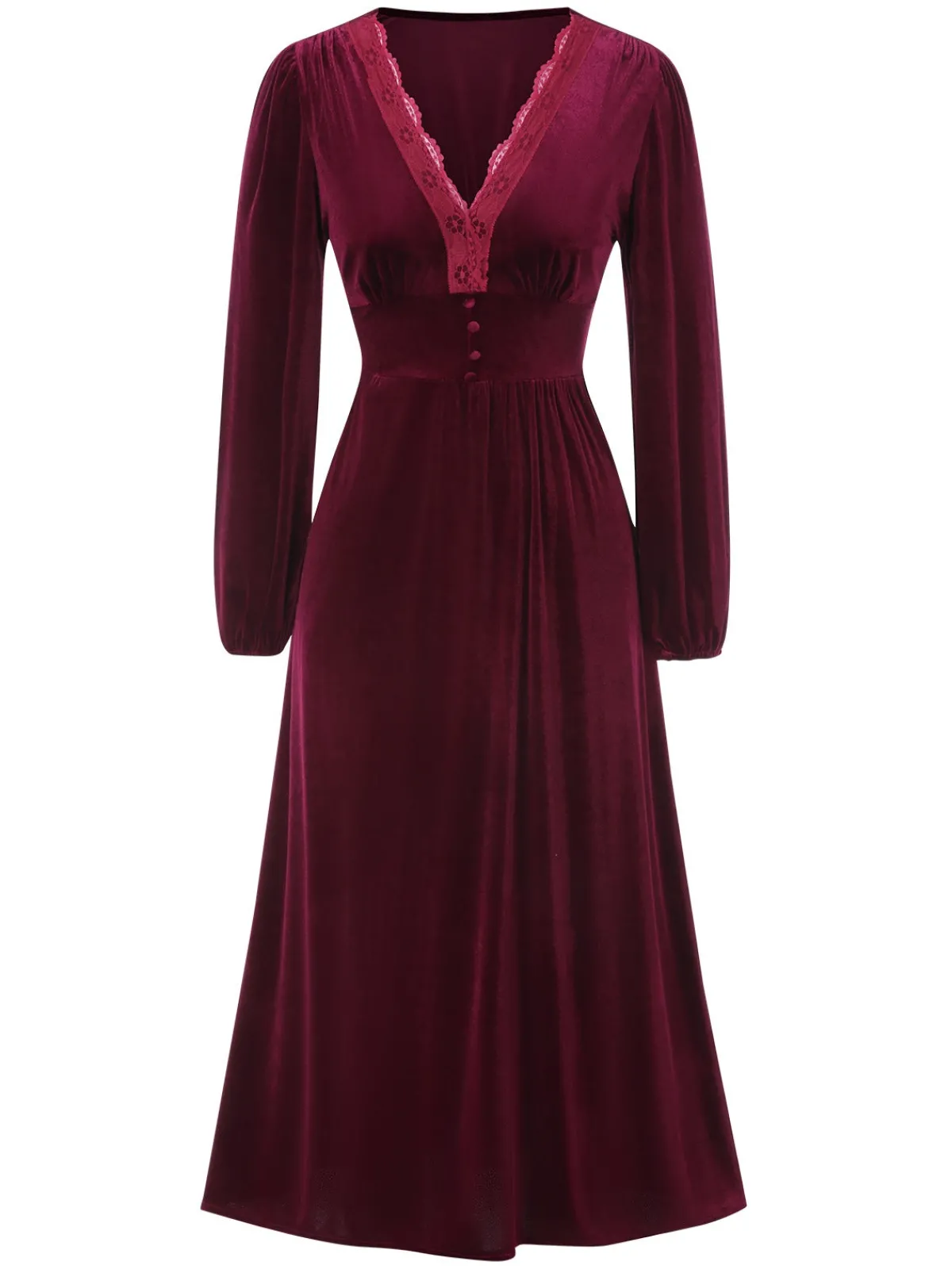 New Retro Stage 1940s Lace Trim Velvet Dress Wine Red