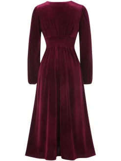 New Retro Stage 1940s Lace Trim Velvet Dress Wine Red