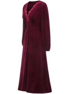 New Retro Stage 1940s Lace Trim Velvet Dress Wine Red