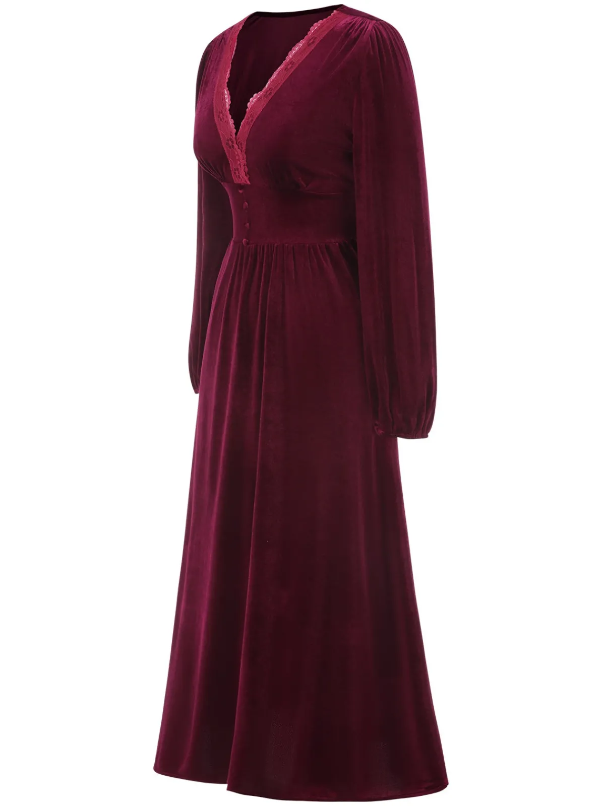 New Retro Stage 1940s Lace Trim Velvet Dress Wine Red