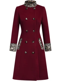 Best Retro Stage Wine Red 1940s Leopard Patchwork Button Coat