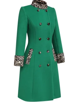 Best Retro Stage Wine Red 1940s Leopard Patchwork Button Coat