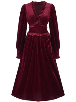 Outlet Retro Stage 1940s Long Sleeves Velvet Ruched Dress Wine Red
