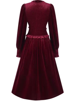 Outlet Retro Stage 1940s Long Sleeves Velvet Ruched Dress Wine Red