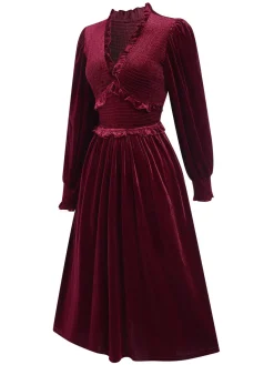 Outlet Retro Stage 1940s Long Sleeves Velvet Ruched Dress Wine Red