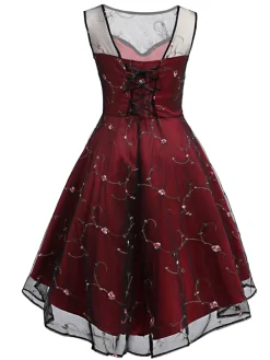 Hot Retro Stage 1950s Mesh Hi-Lo Back Lace Up Dress Wine Red