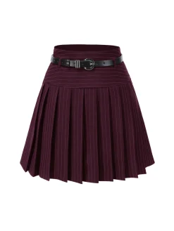 Best Retro Stage Wine Red 1960s Pinstripes Belted Pleated Skirt