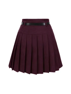 Best Retro Stage Wine Red 1960s Pinstripes Belted Pleated Skirt