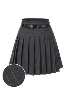 Best Retro Stage Wine Red 1960s Pinstripes Belted Pleated Skirt