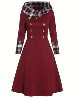 Sale Retro Stage 1950s Plaid Patchwork Hooded Dress Wine Red