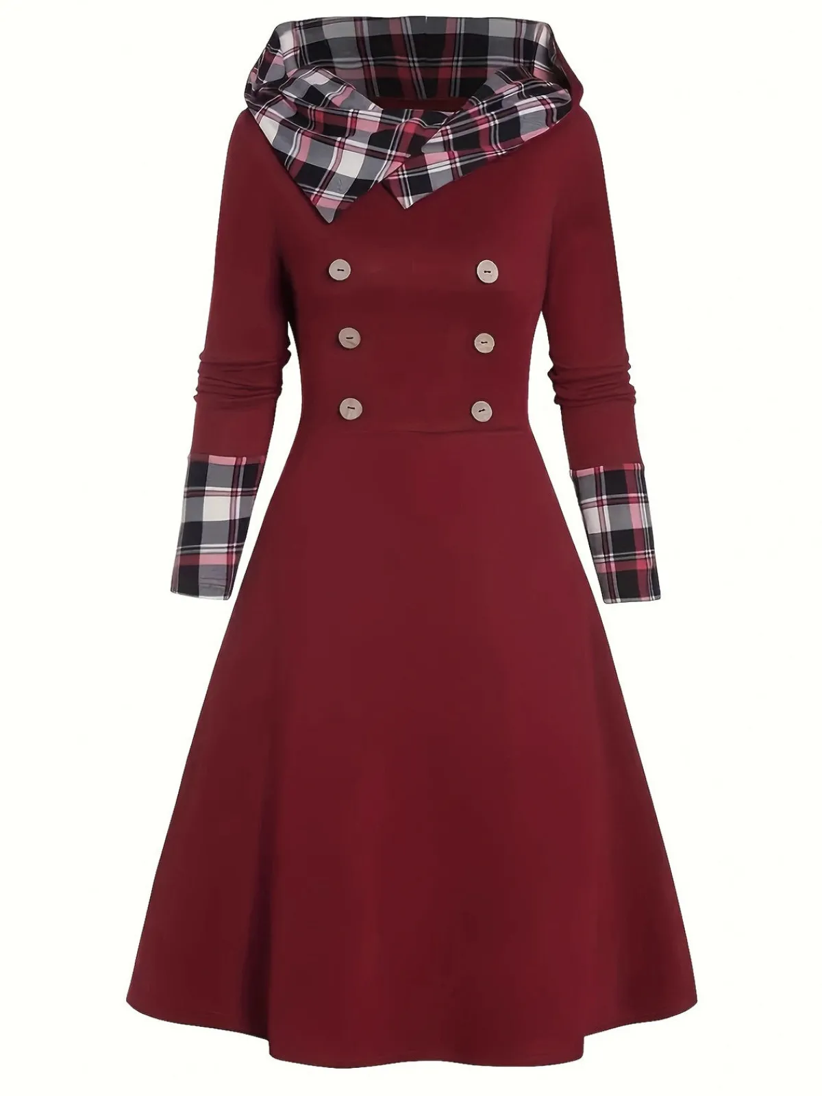 Sale Retro Stage 1950s Plaid Patchwork Hooded Dress Wine Red