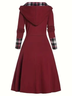 Sale Retro Stage 1950s Plaid Patchwork Hooded Dress Wine Red