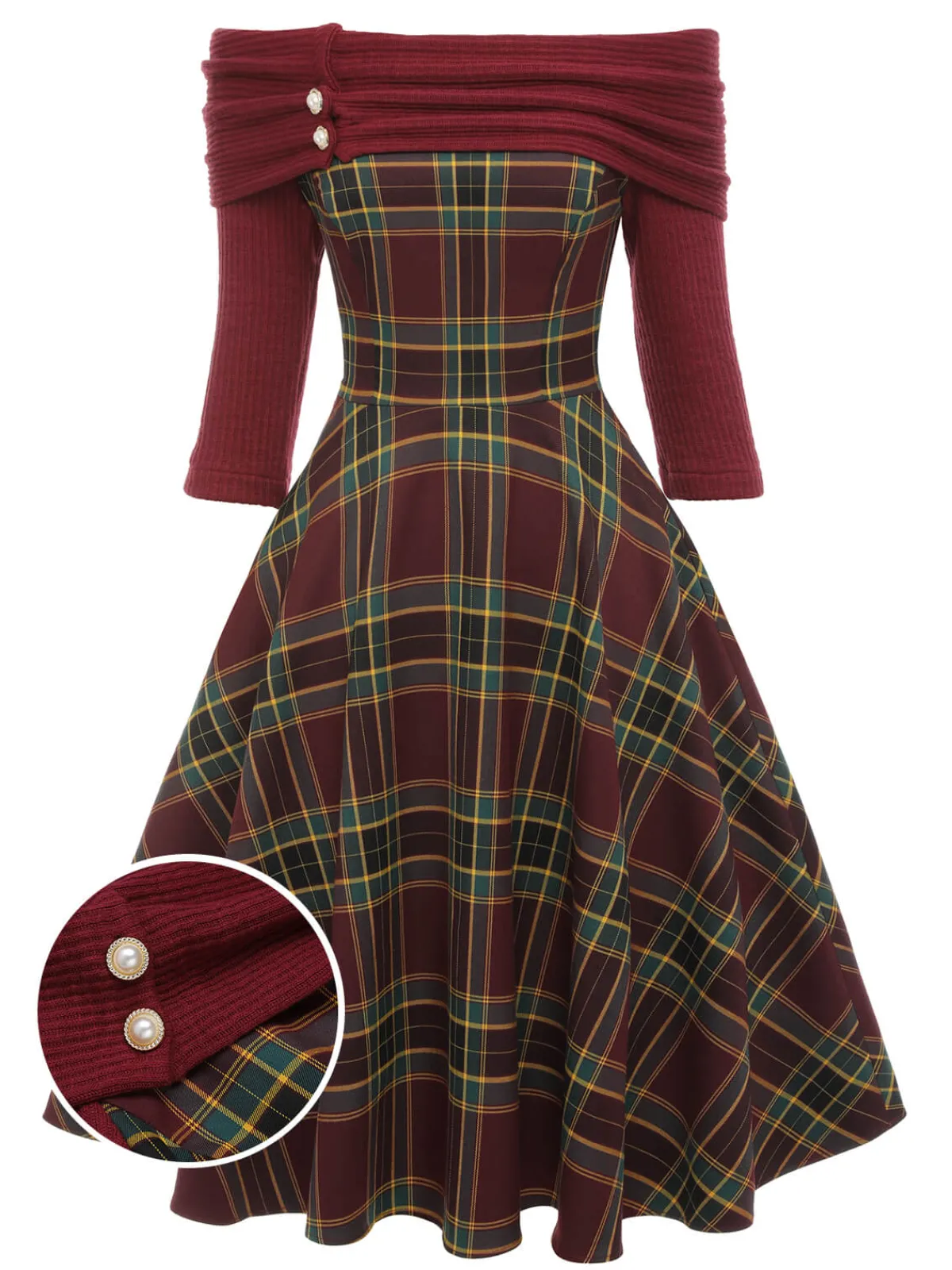 Clearance Retro Stage 1950s Plaids Off-Shoulder Dress Wine Red
