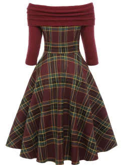 Clearance Retro Stage 1950s Plaids Off-Shoulder Dress Wine Red