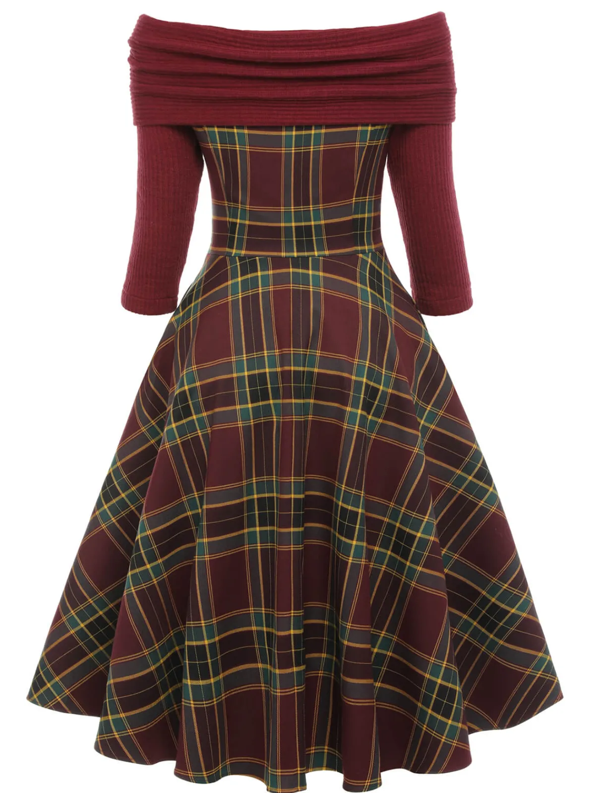 Clearance Retro Stage 1950s Plaids Off-Shoulder Dress Wine Red