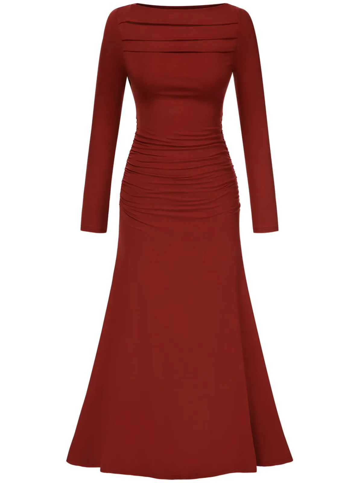 Best Retro Stage 1930s Pleated Long Sleeve Solid Dress Wine Red