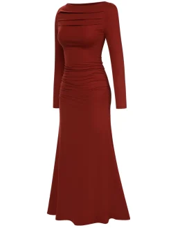 Best Retro Stage 1930s Pleated Long Sleeve Solid Dress Wine Red