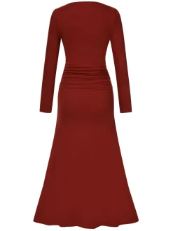 Best Retro Stage 1930s Pleated Long Sleeve Solid Dress Wine Red