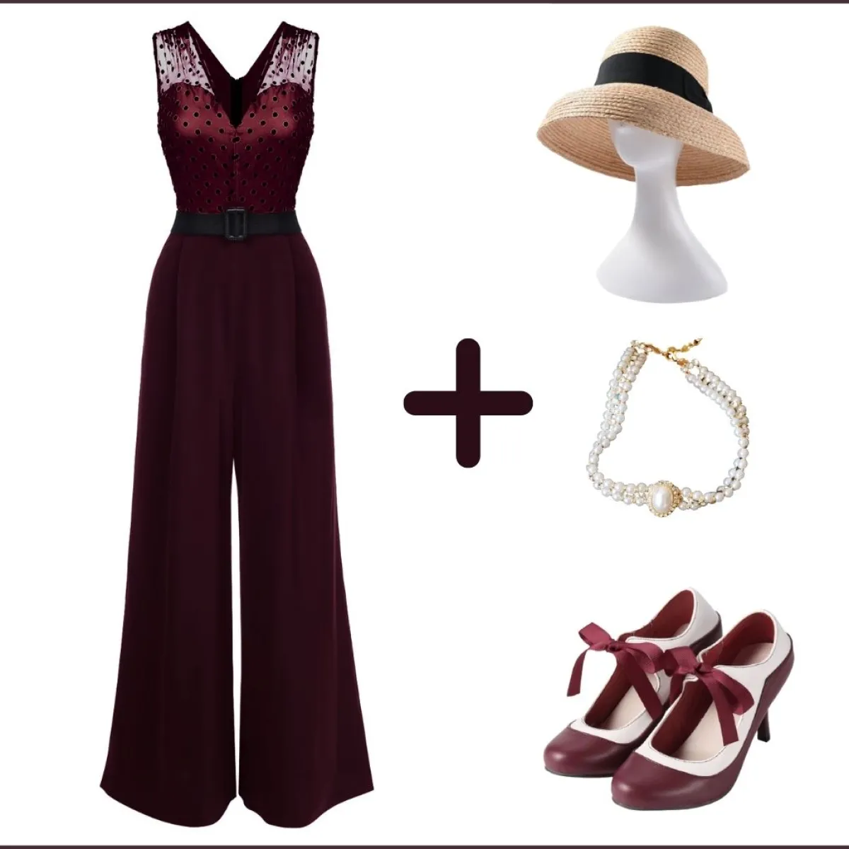 Hot Retro Stage 1930s Polka Dot Belt Jumpsuit Wine Red