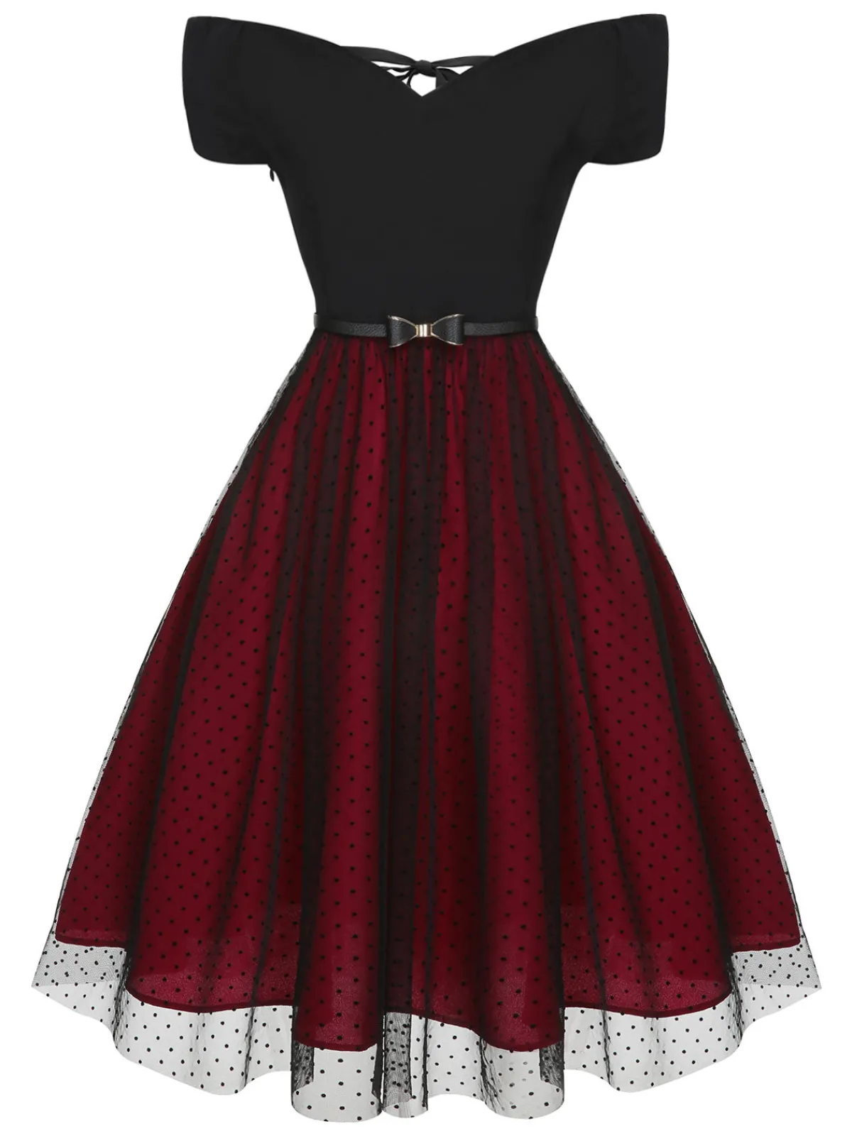 New Retro Stage 1950s Polka Dots Drop Shoulder Belt Dress Wine Red
