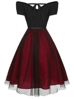 New Retro Stage 1950s Polka Dots Drop Shoulder Belt Dress Wine Red
