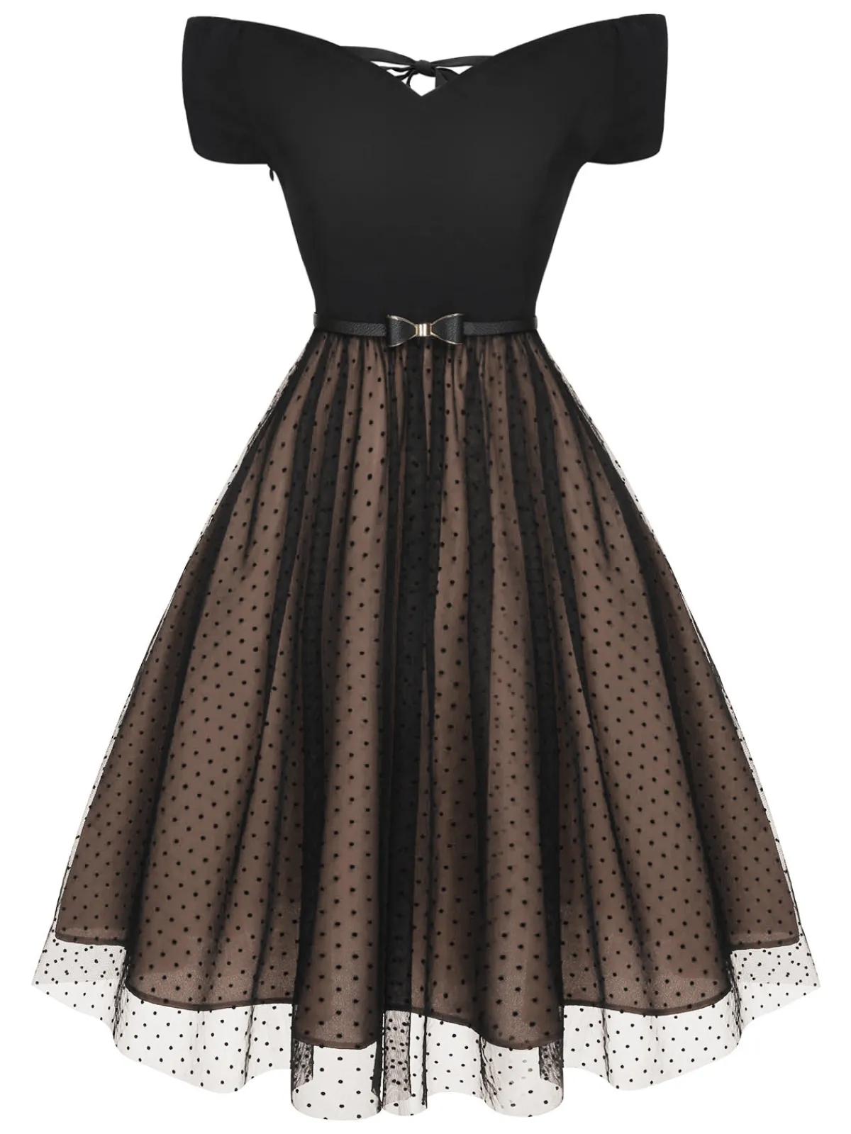 New Retro Stage 1950s Polka Dots Drop Shoulder Belt Dress Wine Red
