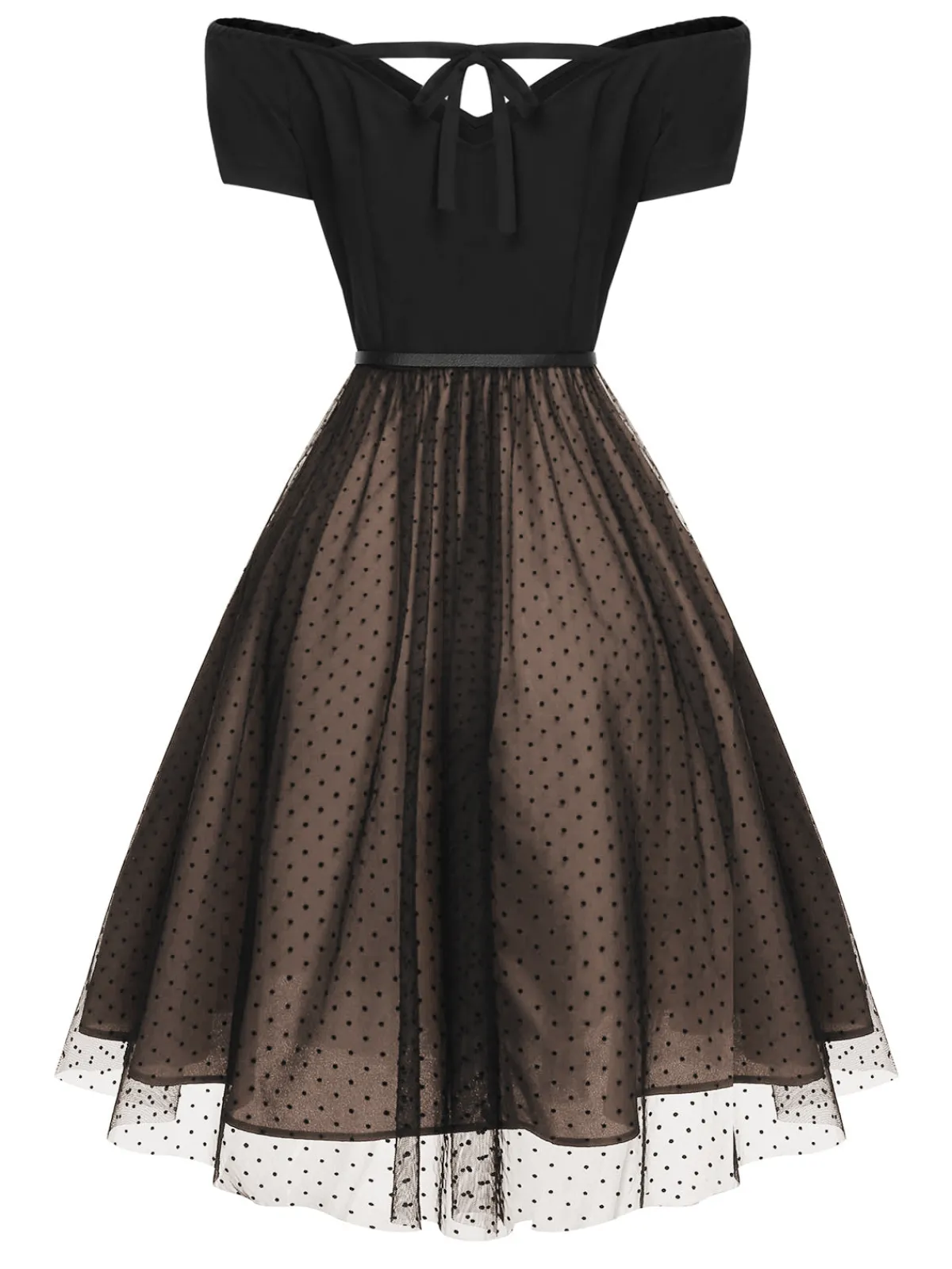 New Retro Stage 1950s Polka Dots Drop Shoulder Belt Dress Wine Red