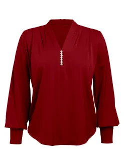 Outlet Retro Stage 1930s Retro Solid V-neck Puff Sleeve Blouse Wine Red