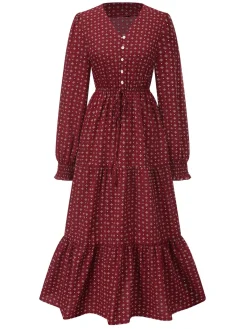 Sale Retro Stage 1940s Ruffled Long Sleeve Printed Dress Wine Red