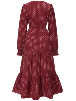 Sale Retro Stage 1940s Ruffled Long Sleeve Printed Dress Wine Red